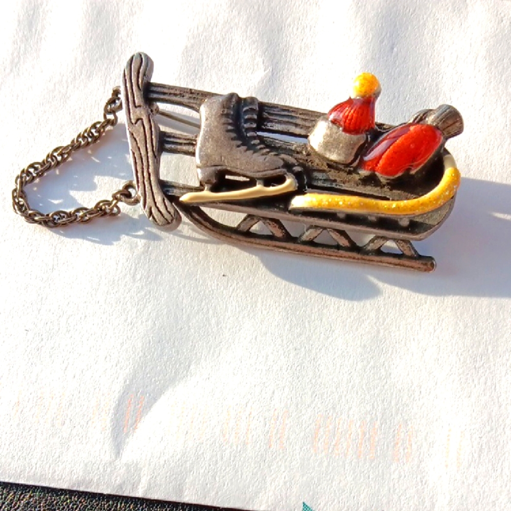 Vintage Sled Brooch with Red and Yellow Accents